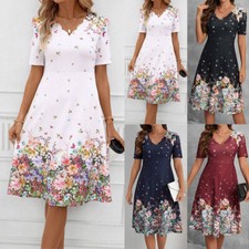 Womens Boho Floral Midi Dress Ladies Short Sleeve Casual Slim Holiday Sundress