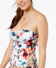 Bar III women's  Floral-Print Bandeau Tankini Top, white multi Size XMALL NWT