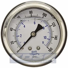 LIQUID FILLED PRESSURE GAUGE 0-160 PSI, 2.5" FACE, 1/4" BACK MOUNT WOG