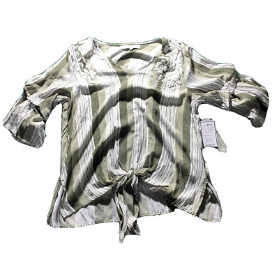 Absolutely Famous shirt Women XL V Neck Green White Stripe Tie Floral Embroidery