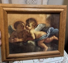 Vintage Cherub Angel Print Art , Wooden Frame Under Glass 12 1/2"x 10 1/2".