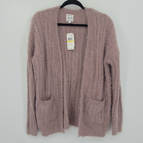 Fuzzy Rib-Knit Cardigan Mauve 
