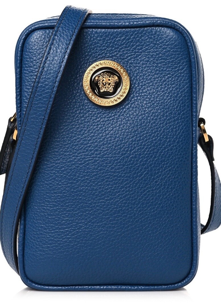 Authentic New Versace Unisex Blue Grainy Calf Mini Messenger