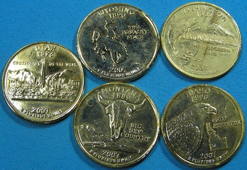 2007 P & D USA Quarters Lot of 5 Diff Coins Gold Plated, Free S/H after 1st item - Picture 3 of 4