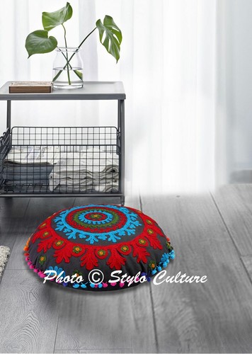 Indian Floral Round Embroidered Suzani Floor Pillow Cover Pom Pom Cotton 18" - Picture 2 of 5