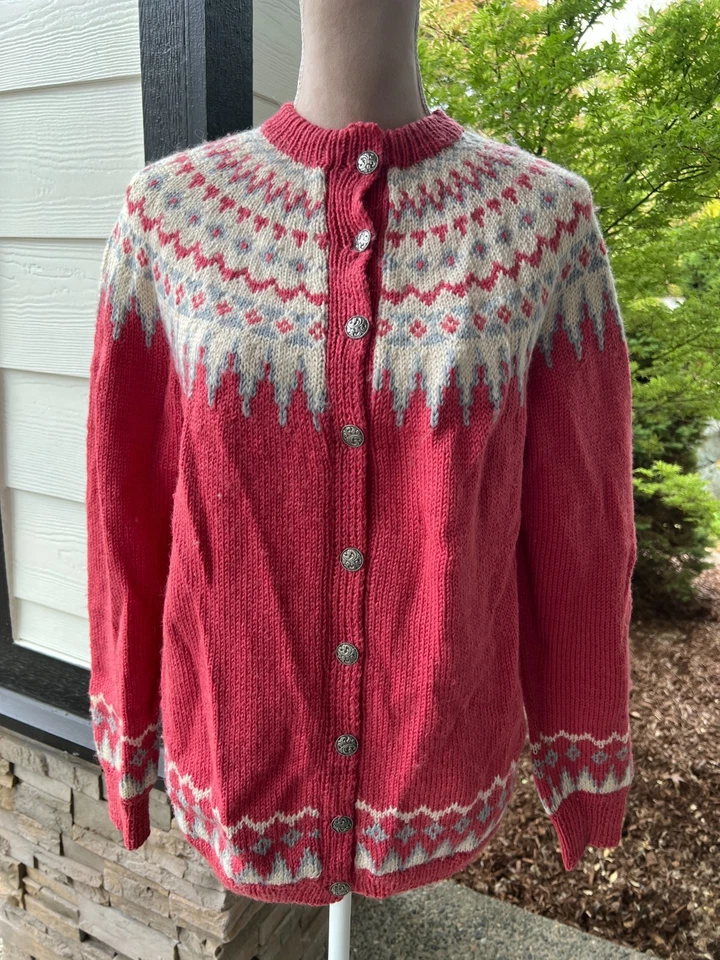 Vintage Handmade Pink Fair Isle Wool Cardigan Sweater L - Image 2 of 4