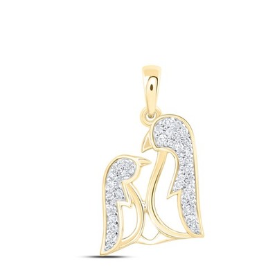 0,14 ctw natürlicher Diamant Mutter Kind Pinguin Anhänger 10k Gelbgold