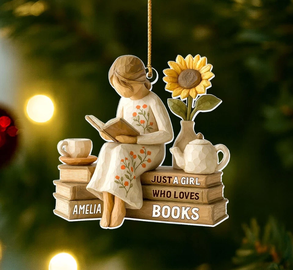 Adorno plano personalizado Just a Girl Who Loves Books 2D, regalo de lectura Navidad Foto 3 de 3