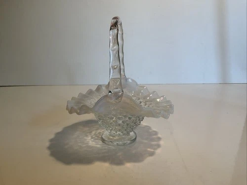 Vintage Fenton Art Glass Clear White Opalescent Hobnail 6” Handled Basket
