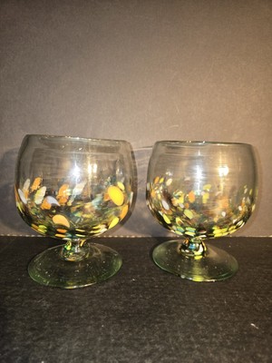2 Vtg Brandy Snifters Hand Blown Mexican Glass Crate and Barrel Bubbles Confetti
