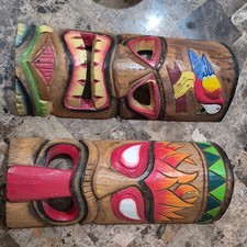 Handmade Hand-Carved Wooden Hawaiian Tiki Masks Colorful Decorative Set of 2
