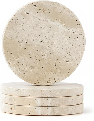 Natural Travertine Coaster Set of 4-4'' round Stone Drink Coasters, Office and Ho