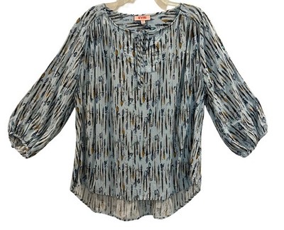 EVRI Top 1X Artist Paintbrush Blue Brown Puffy Sleeve Boho Notch Tie 3/4 Sleeve