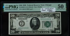 1928 $20 Federal Reserve Chicago 3x Consecutive Dark Green PMG 50-53