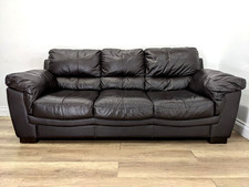 SOFA 3 Seater Classic Dark Brown Leather Sewn In Cushions FREE DELIVERY