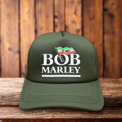 Bob Marley Mens Trucker Hat Olive Jamaica Reggae Three Little Birds Ball Cap