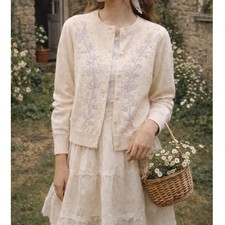 Vintage Women's Beaded Angora Lambswool Cardigan Cream Floral Sequin Sweater- XS