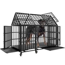 61'' Indestructible Heavy Duty Dog Crate Cage Kennel with 6 Wheels and 2 Trays