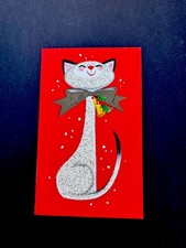 1 VTG Glittered Xmas Greeting Card Charming Pussy Cat W/Bow Tie Smiling In Snow