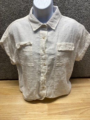 Thread & Supply Womens Large Casual White Top Button Up Short Cap Sleeve Boho