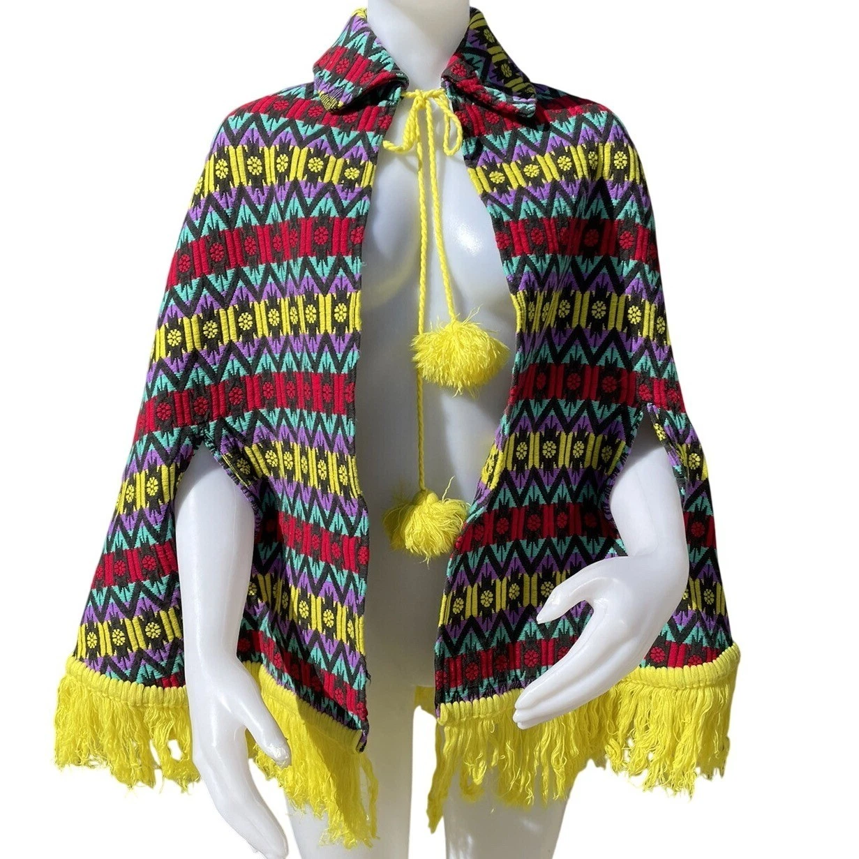Vintage Southwestern Geometric Cape Poncho Fringe Boho Festival Retro Tribal