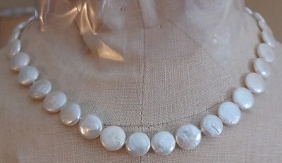 Genuine 10mm Coin Freshwater Pearl Strand 17'' Choker Necklace Toggle Clasp