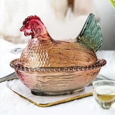 Rooster Decor Glass Candy Dish with Lid - Vintage Hen on Nest Style Large Sna...