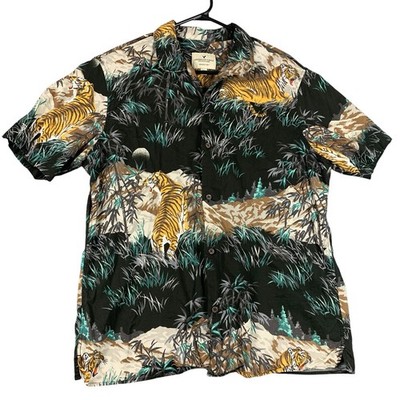 American Eagle Mens Size Large Black Tiger Print Button Up Short Sleeve Shirt