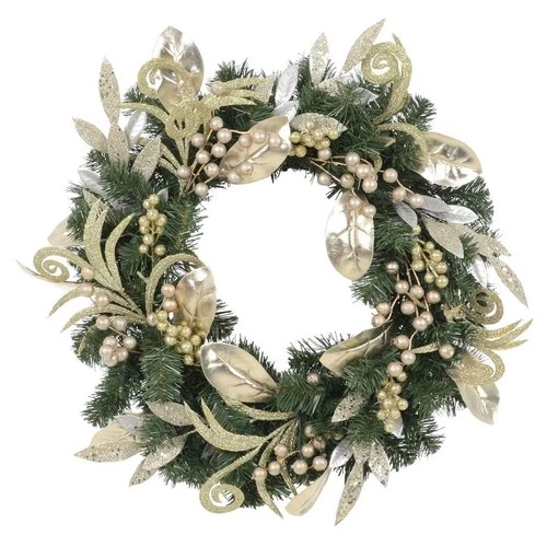 60cm Pre-Lit Christmas Wreath with Silver & Gold Decor, 20 Warm LED , In/Outdoor