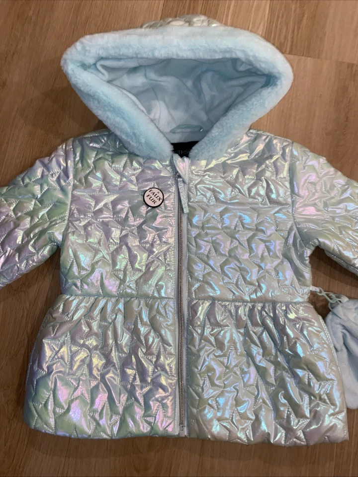 Abrigo Rothschild Niñas Aqua Iridiscente Puffer Anorak Imitación Piel Capucha Talla 4T Nuevo Foto 3 de 4