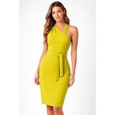 Calvin Klein Halter Dress Size 12 Chartreuse Belted Sheath Minimal Modern Luxe