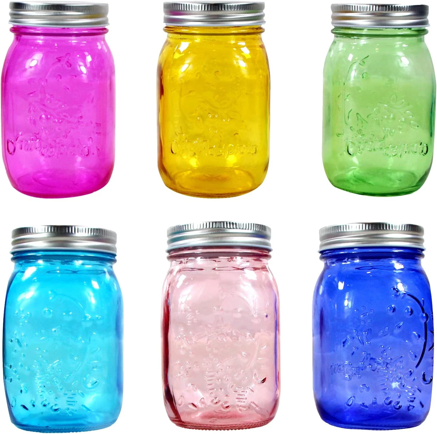 Colored Mason Jars 16Oz Set, 6 Pack Durable Wide Mouth Glass Canning Jars with L