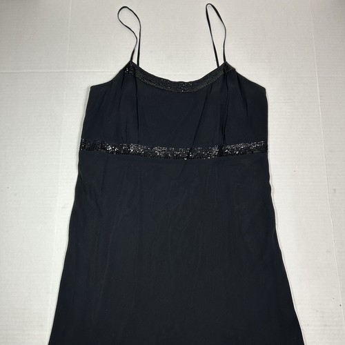 Vtg Casual Corner Womens Silk Midi Dress Size 16 Black Spaghetti Sequins Evening - Picture 4 of 12