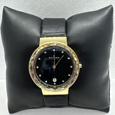 Skagen Leonora SKW2124 Women Gold Tone Crystal Bezel Black Dial Date New Battery Skagen SKW2124 Womens Black Leather Analog Dial Quartz  main image 3