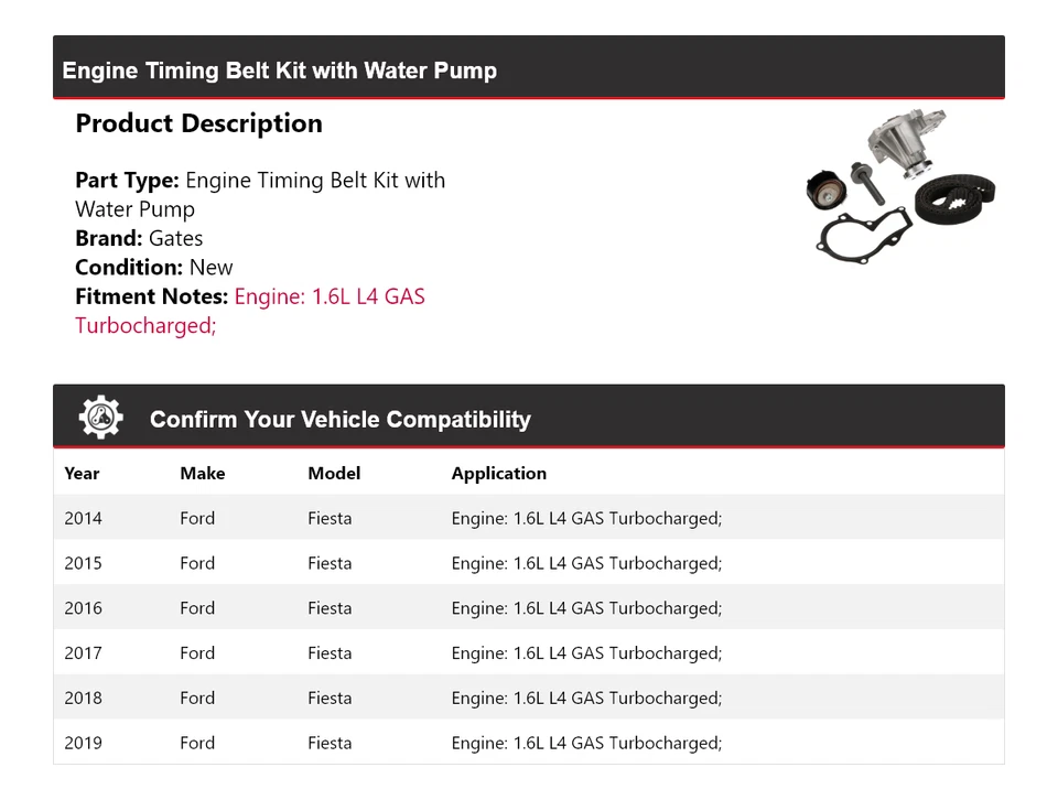 Kit de correa de distribución del motor Ford Fiesta 2014-2019 con puertas de bomba de agua 2015 2016 Foto 2 de 3