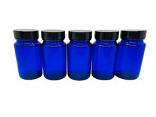 Lot of 5 Cobalt Blue Glass Jars with Black Plastic Lids 2.5 oz 3.25"x1.75"