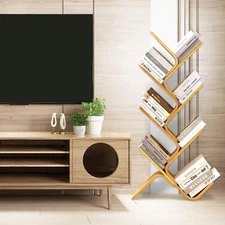 7-Tier Floor Bamboo Tree Bookshelf, Modern Standing Bookcase Office Book Storage