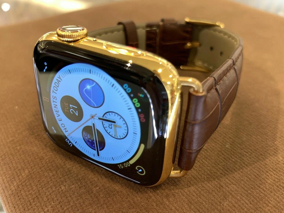 44mm Apple Watch Series 4 Stainless Steel Custom 24K Gold Plated Brown Leather B - Image 3 of 4