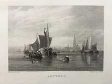 1840 Antique Print; Antwerp, Belgium after David Cox