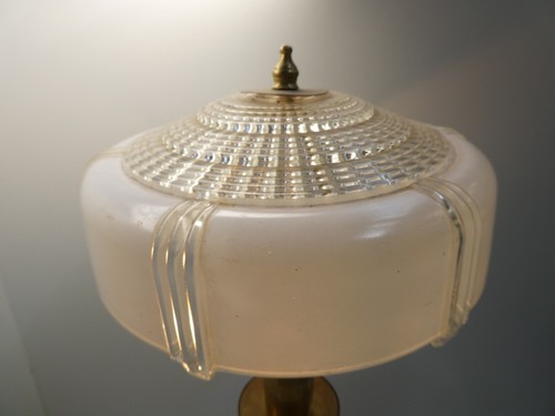 VINTAGE ART DECO STYLE BRASS STEM GLASS SAUCER SHADE DESK TABLE LAMP FLUTED WOOD - Bild 15 von 21