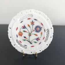 White Marble Inlaid Plate, Pietra Dura Marble Trivet Indian  Bohemian Decor