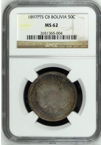 Bolivia 1897 PTS CB Silver 50 Centavos NGC MS 62
