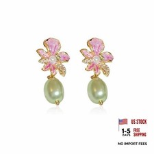 Pink Flower Drop Earrings with Green Faux Pearl and Rhinestones for Women green
