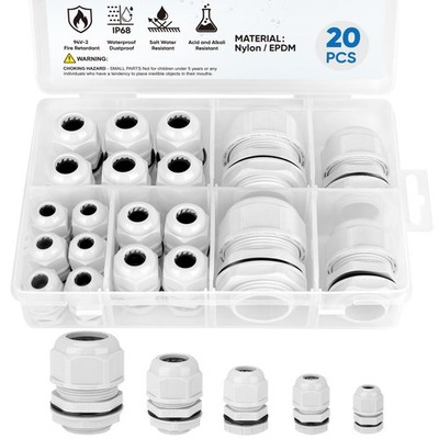 20 Pcs IP68 Waterproof Cable Gland Kit Nylon NPT Adjustable Cable Connectors ...