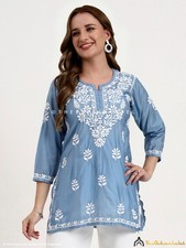 Blue Chanderi Chikankari Short Kurta, Hand-Embroidered Short Kurti For Women