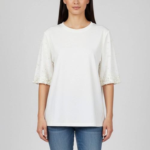 Maje White Cotton Pearl Embellished Short Sleeve Tristana TShirt S