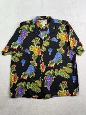 Vintage Paradise Found Rayon XL Black Button Up All Over Print Floral Fruit
