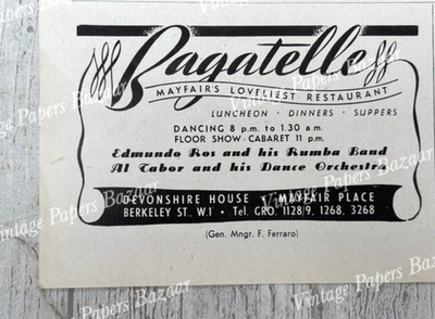 Bagatelle Mayfair Restaurant Edmundo Ros Rumba 1947 Vintage Kleingedruckte Werbung