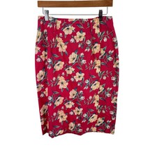 Talbots Vintage Red Floral Linen Cotton Woven Midi Pencil Straight Skirt Size 10