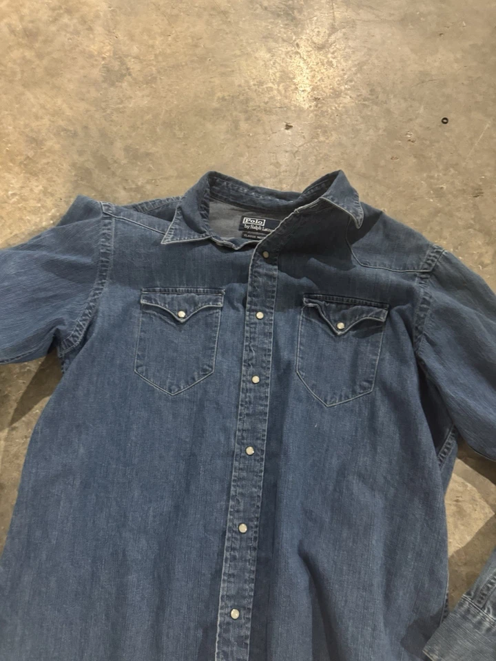 Polo Ralph Lauren Classic Western Denim Shirt Mens Sz L Pearl Snap Long Sleeve - Image 4 of 4